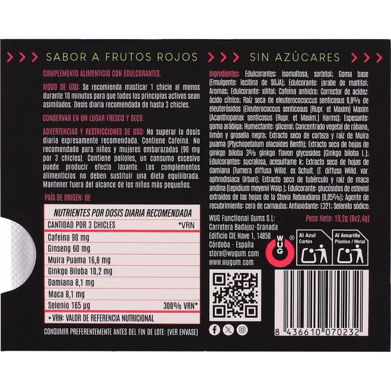WUG Climax - Goma de mascar funcional com Maca, Damiana e Ginseng para aumentar o desejo e a vitalidade íntima. Cartela com 8 unidades. - Infernum Store