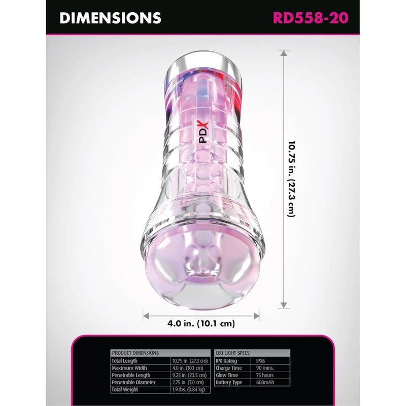 PDX ELITE - VIEWTUBE XXL LED TRANSPARENT STROKER 27,3 CM - Infernum Store