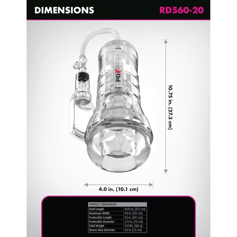PDX ELITE - VIEWTUBE VAC XXL TRANSPARENTE STROKER COM BOMBA DE SUCÇÃO 27,3 CM - Infernum Store