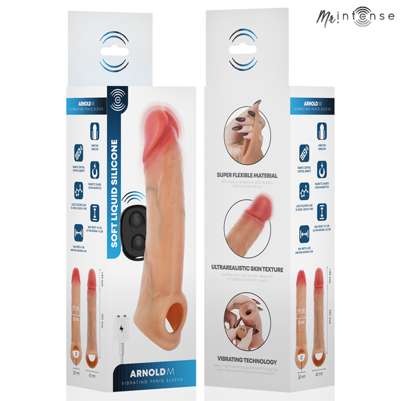 MR INTENSE - CAPA DE SILICONE PARA PÊNIS COM VIBRADOR ARNOLD M E CONTROLE REMOTO 14,5 CM -Ø- 4 CM - Infernum Store
