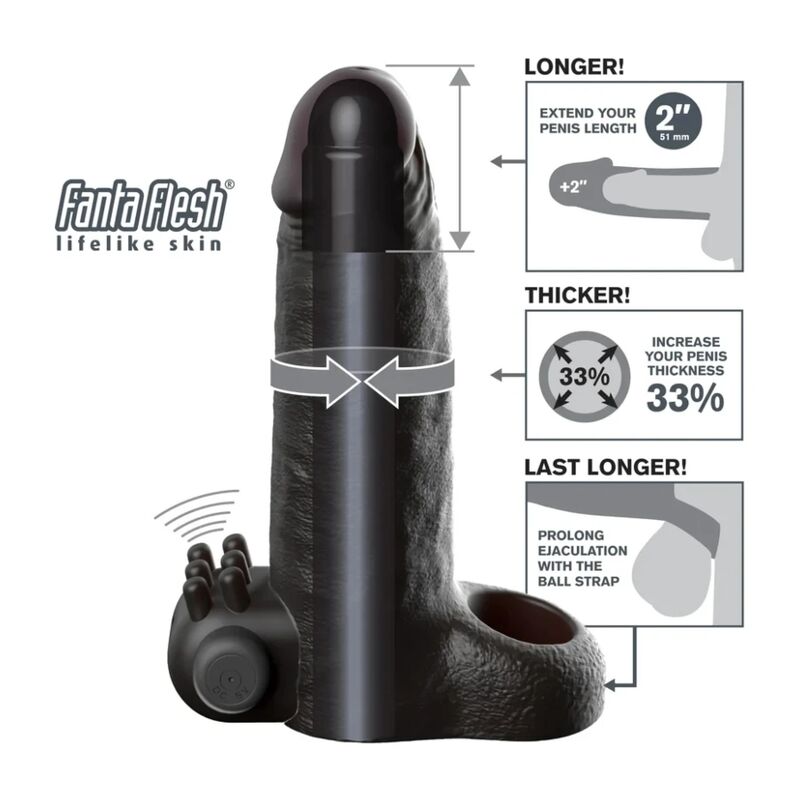 FANTASY X-TENSIONS - MANGA EXTENSORA DE PÊNIS VIBRATÓRIA COM SENSAÇÃO REALISTA DE 5CM PRETA - Infernum Store