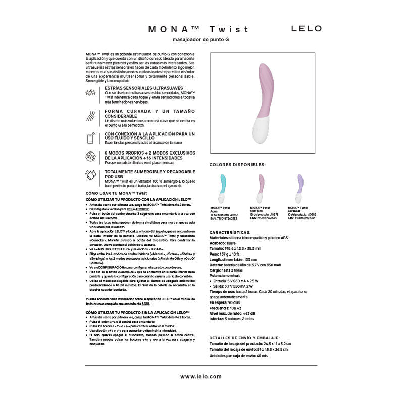 LELO - MONA TWIST VIBRADOR DE PONTO G RECARREGÁVEL COM CONTROLE POR APLICATIVO LAVANDA - Infernum Store