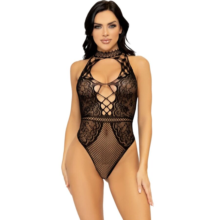 LEG AVENUE - NET AND LACE KEYHOLE HALTER BODYSUIT ONE SIZE - Infernum Store